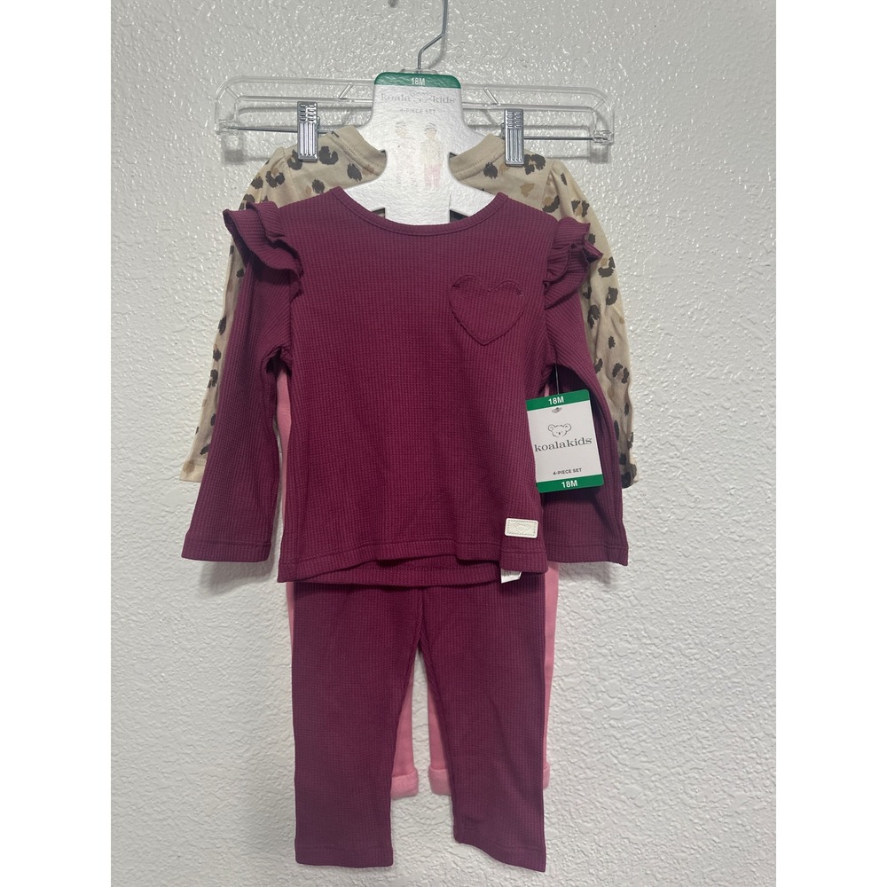 NWT Koala Kids 18M Baby 4-Piece Set Ruffle Waffle Knit Heart Leopard Pink Purpl